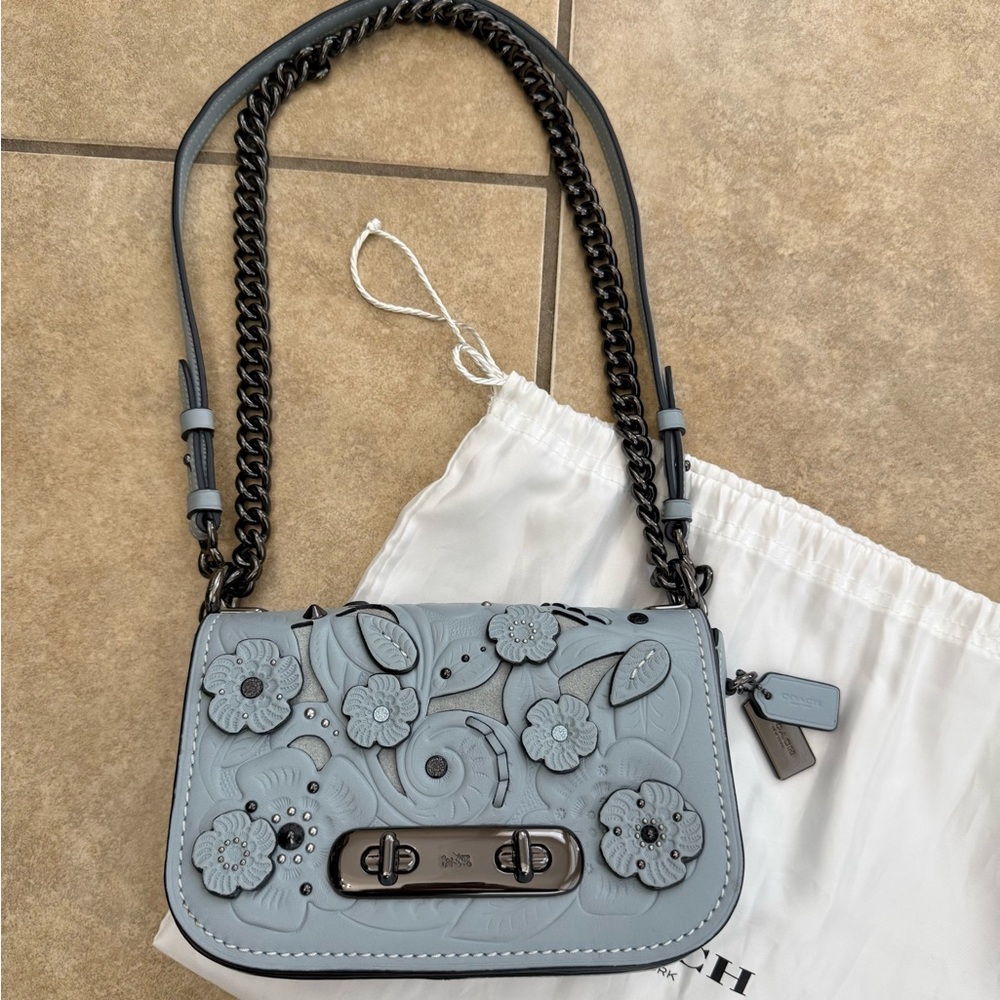 COACH Floral Embellished Blue Shoulder/ Crossbody purse - Picture 3 of 14